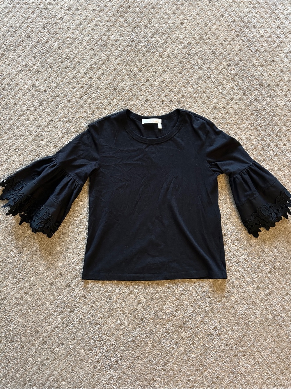 See By Chloe Black Crewneck Top with Lace Bell Sleeves